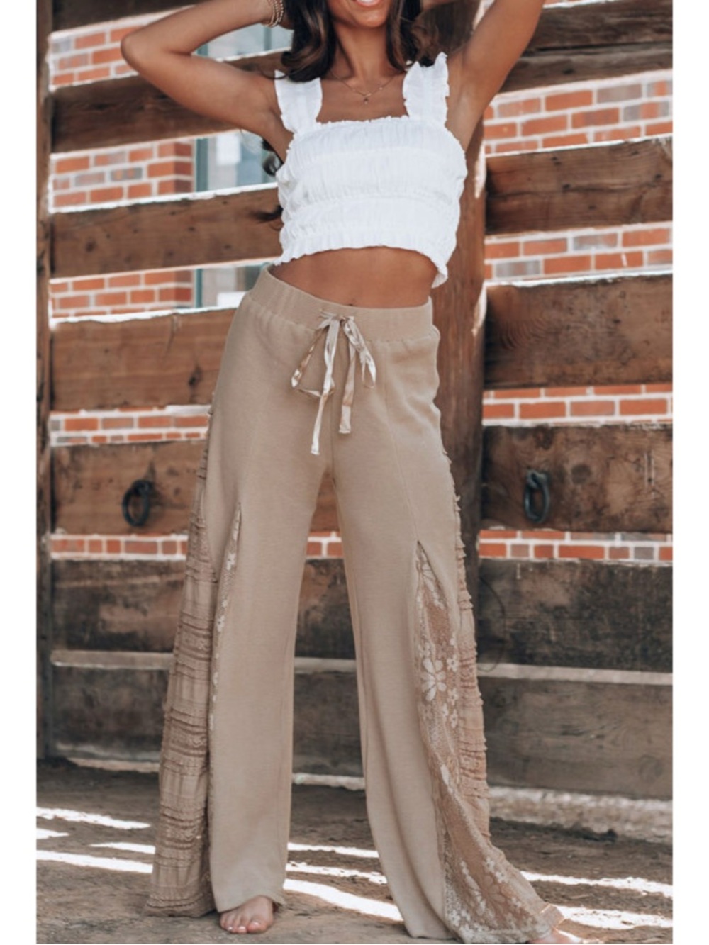 Wide-Leg Lace Insert Pants - Picture 2 of 14